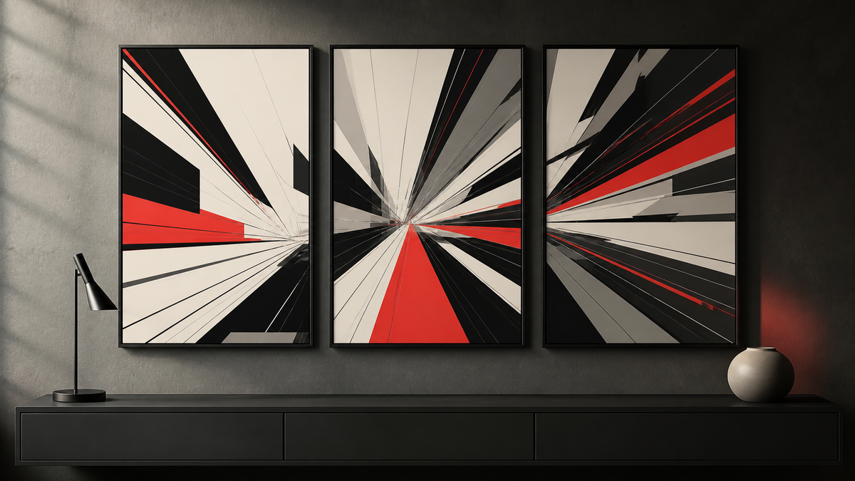 Three black white gray and red abstract motion panels above a console