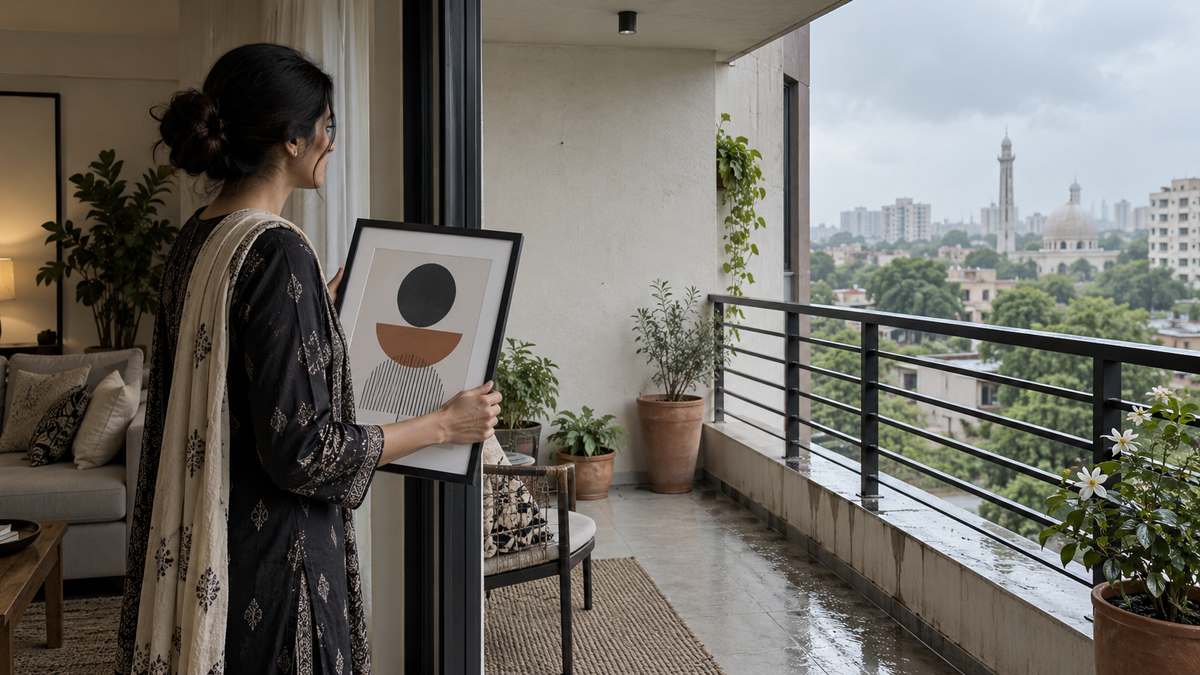Pakistani homeowner holding a framed print inside beside a rain-wet covered balcony