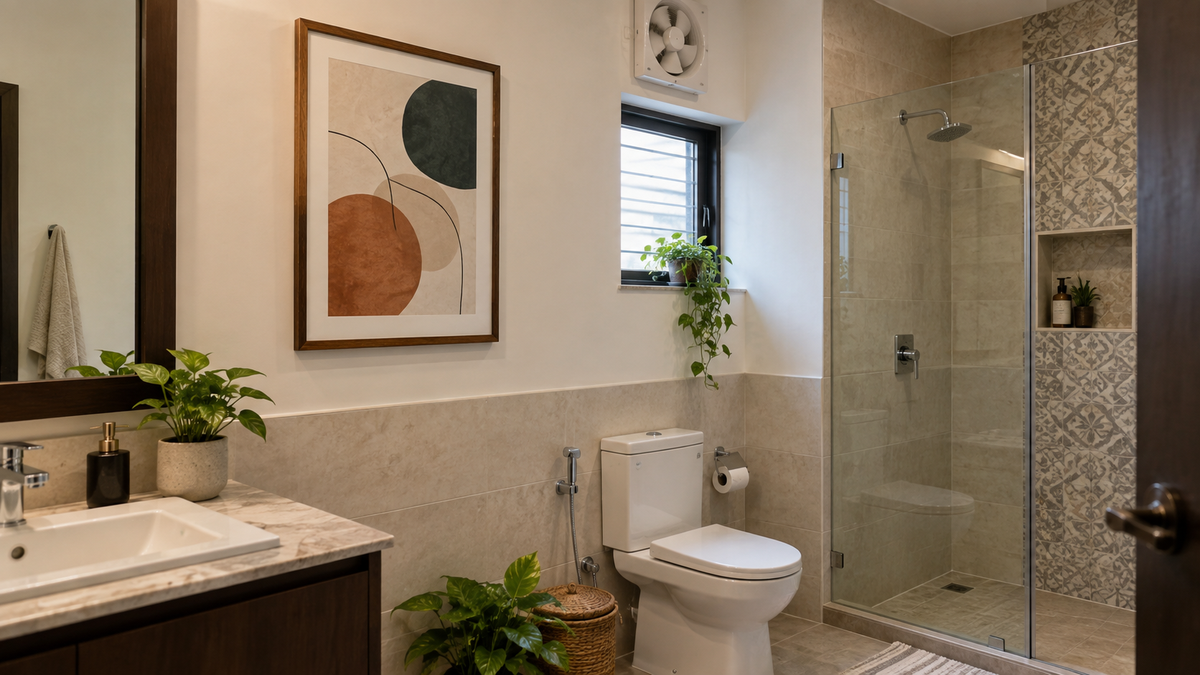 Framed abstract print on a dry bathroom wall away from the shower