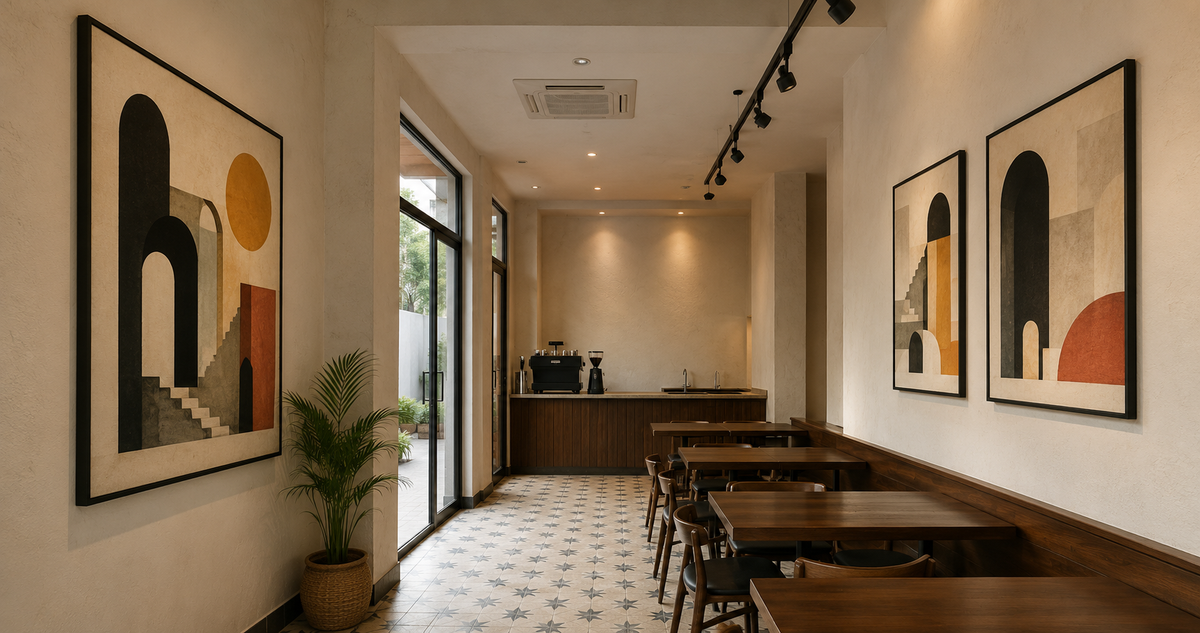 Framed wall art along the entrance and seating area of a compact café