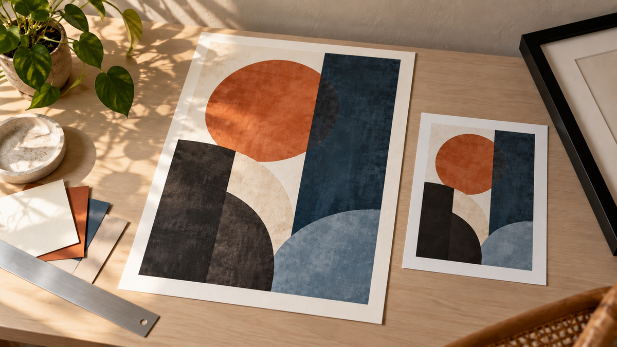 Two abstract wall-art proofs in different sizes on a design desk beside an unmarked metal straightedge and black frame