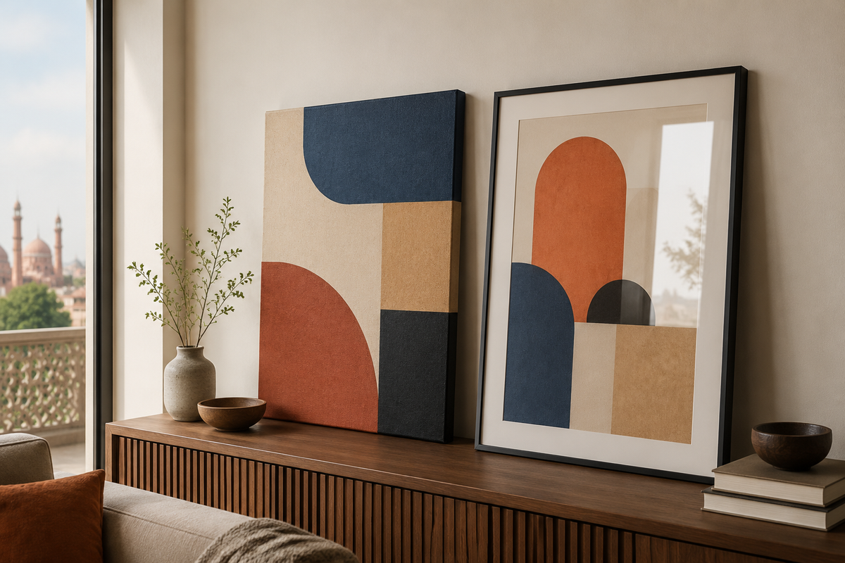 A stretched canvas and a glazed black-framed paper print displayed side by side in a Pakistani apartment