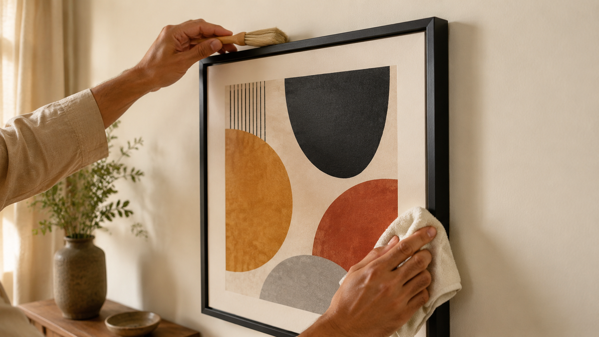 Hands dusting a framed art print with a soft brush and dry cloth