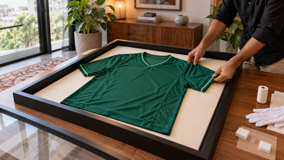 Generic green cricket jersey arranged on a cream support inside an open deep black frame