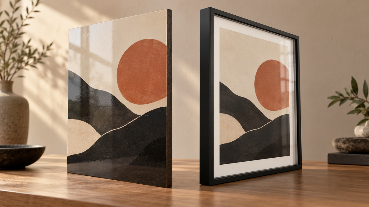 A glossy borderless mounted print beside the same artwork in a black glazed picture frame