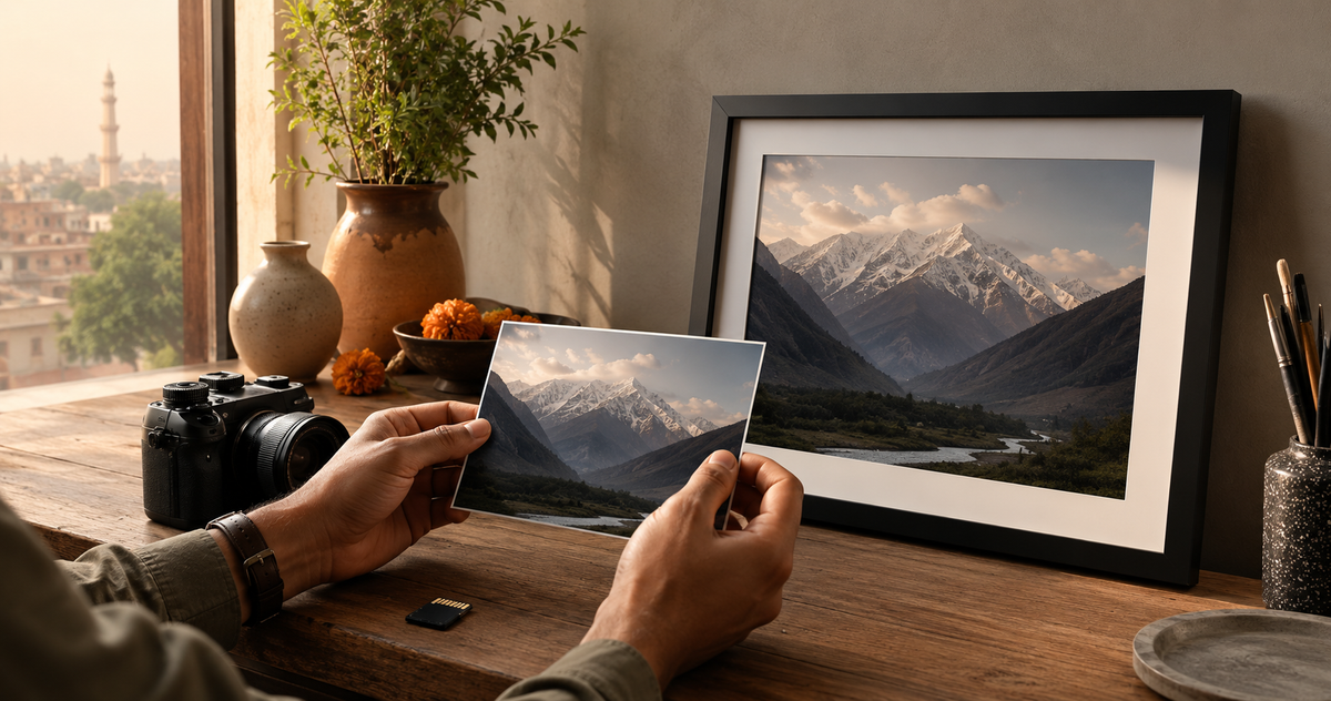 Original photograph and matching framed wall art beside a camera on a home studio desk