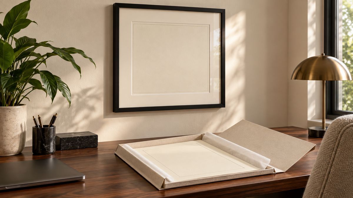 Blank framed document above a desk, with a matching sheet stored flat in an archival folder
