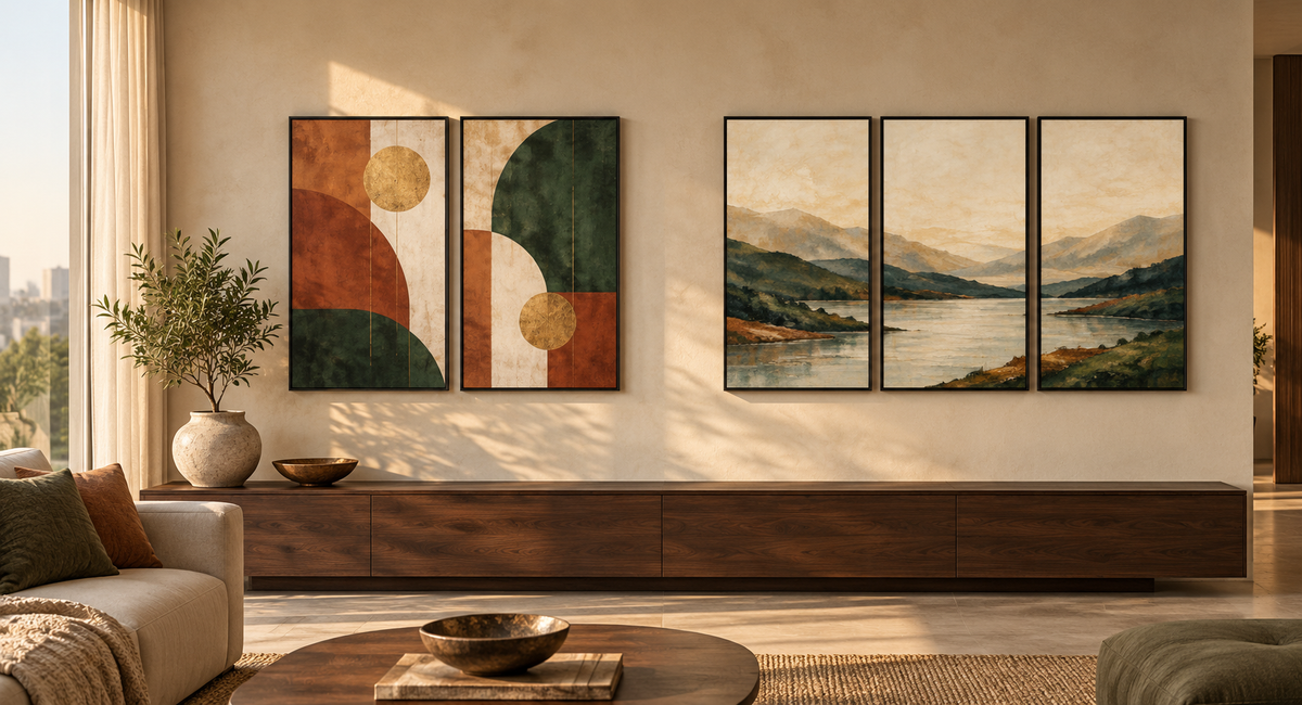 Two-panel diptych and three-panel triptych displayed on a living-room wall