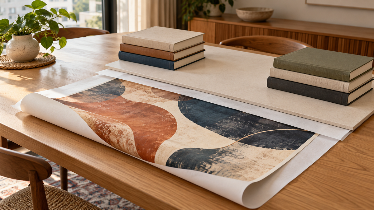 Rolled poster resting in a clean flattening sandwich under smooth boards and evenly distributed books