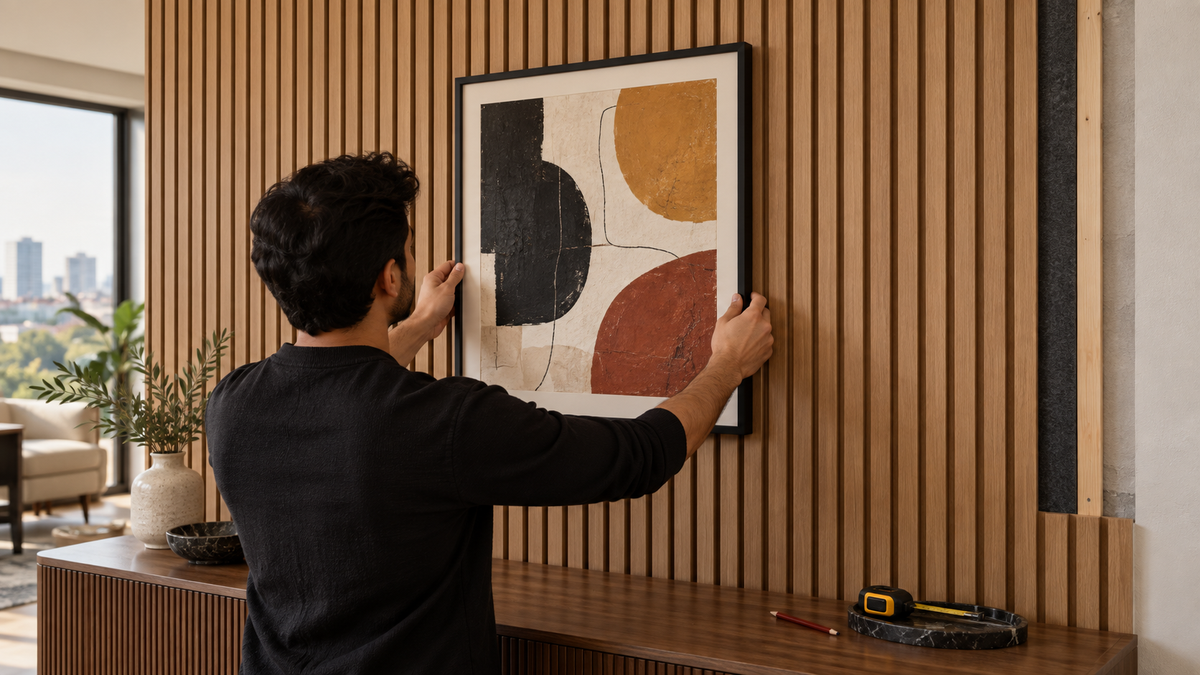 Framed abstract wall art positioned against vertical oak-look fluted wall panels with one edge revealing the panel backing and wall support