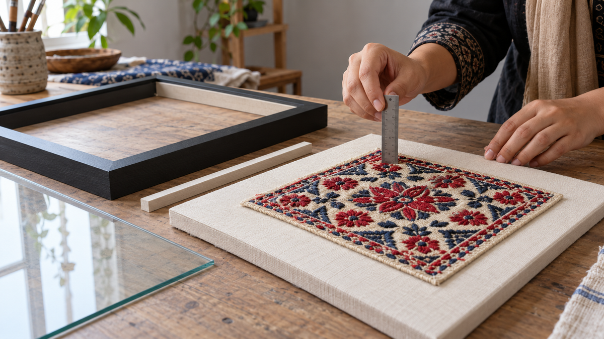 Framer measuring the clearance above red and blue embroidery before fitting it behind glazing