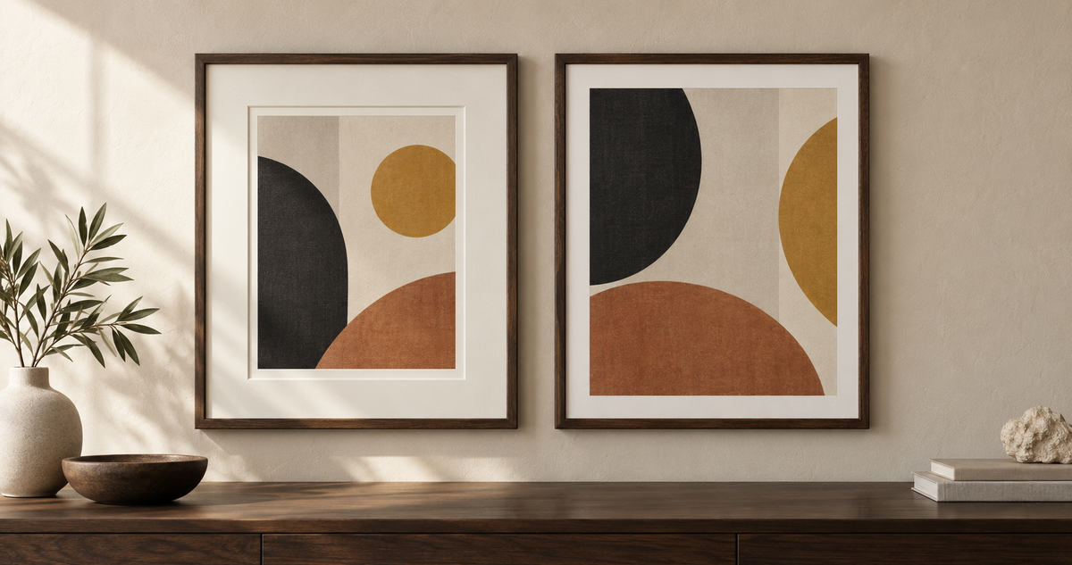 Two framed art prints showing a white window mat and a printed border side by side