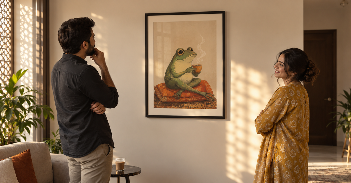 Two Pakistani adults judging a text-free humorous frog print in a Lahore apartment