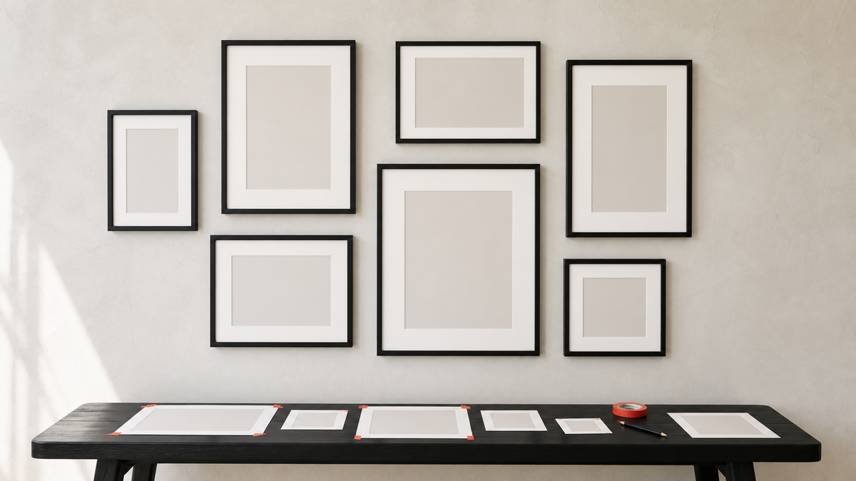 Seven empty frames arranged as a gallery wall with paper layout templates