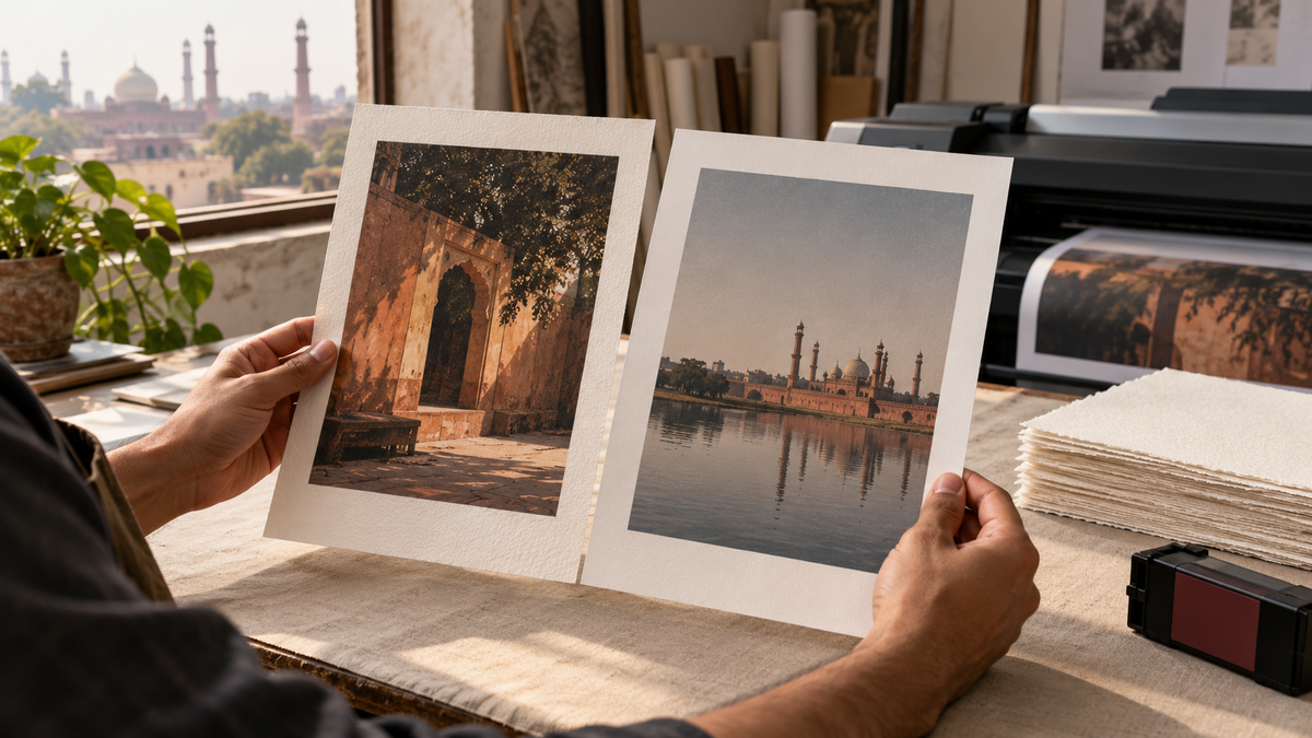 Printmaker comparing two textured fine-art inkjet prints in a Lahore studio