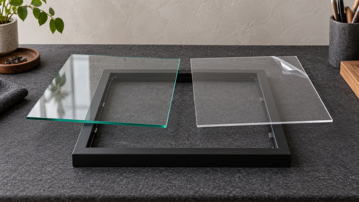 Glass and acrylic glazing sheets placed above an open black picture frame