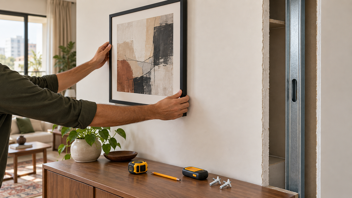 Framed abstract wall art being positioned on a gypsum-board partition beside an exposed metal stud and hollow cavity