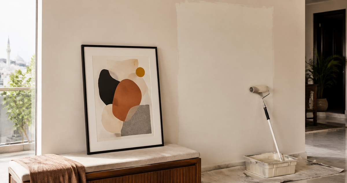 Framed artwork waiting on a padded table beside a newly painted wall