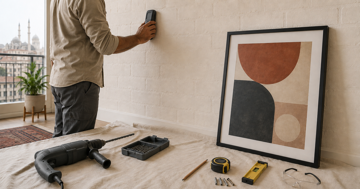 Framed wall art, a cable detector and masonry drilling tools prepared beside a painted concrete wall
