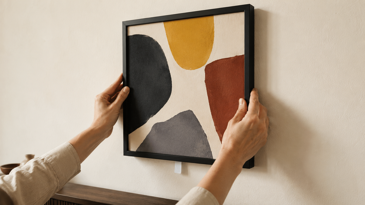 Hands pressing a black-framed abstract print onto a warm plaster wall with a removable adhesive tab