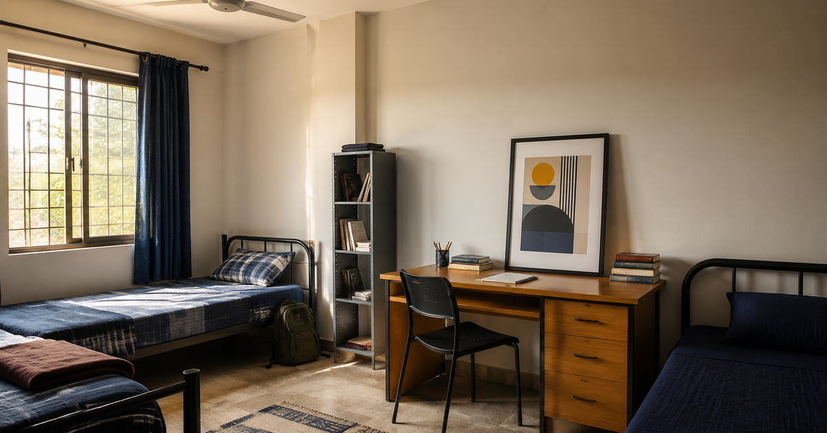 A framed geometric print resting on a study desk in a compact Pakistani university hostel room