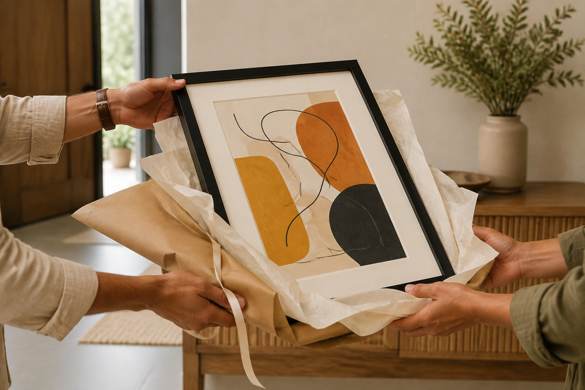 Two people exchanging a black-framed abstract print wrapped in kraft paper and cream tissue