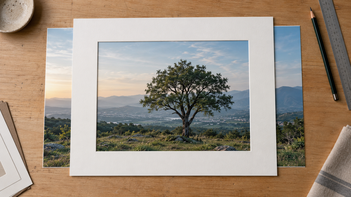Landscape photograph extending beneath an A-series mat to show cropped outer edges