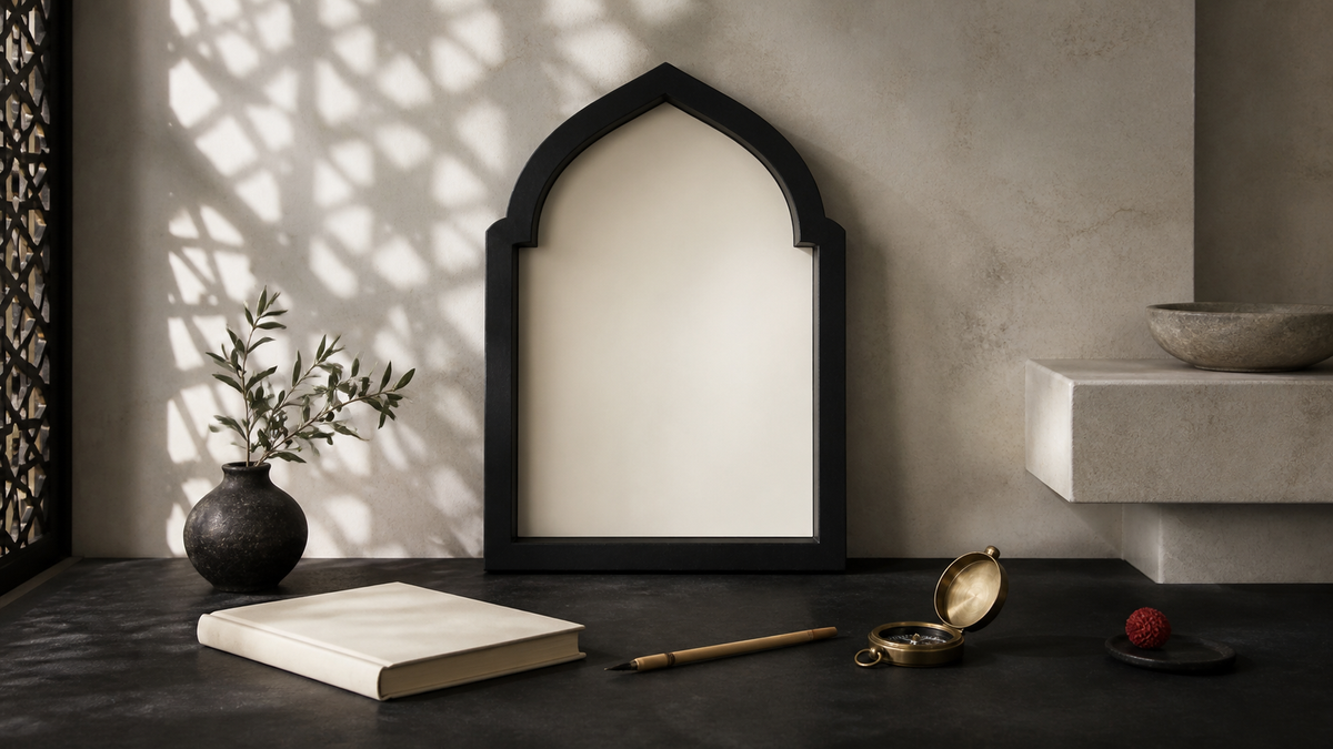Empty arched frame with geometric shadows reed pen and compass