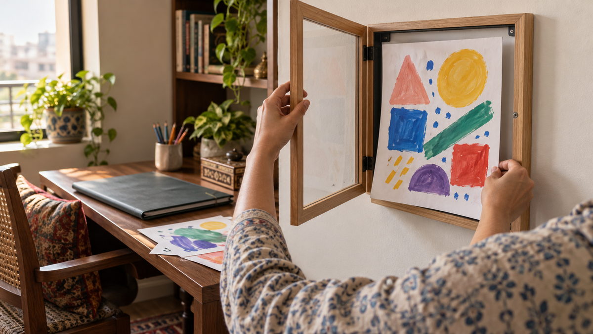 Adult changing a child’s abstract drawing in a front-opening wall frame beside a flat art portfolio