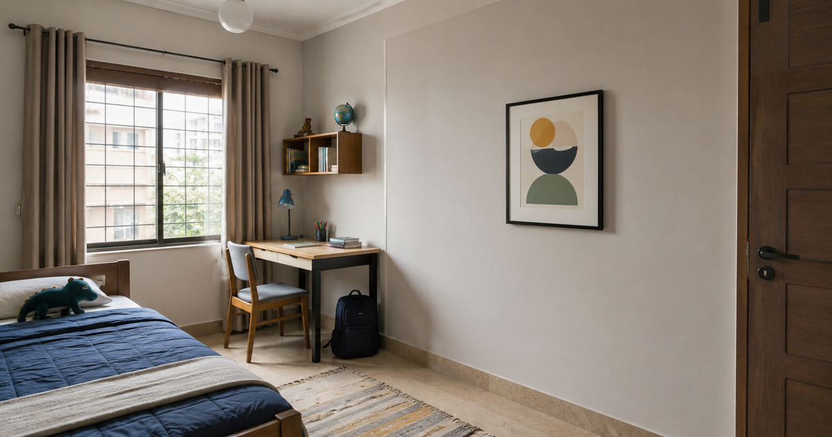 Framed geometric wall art on a clear side wall in a child’s bedroom