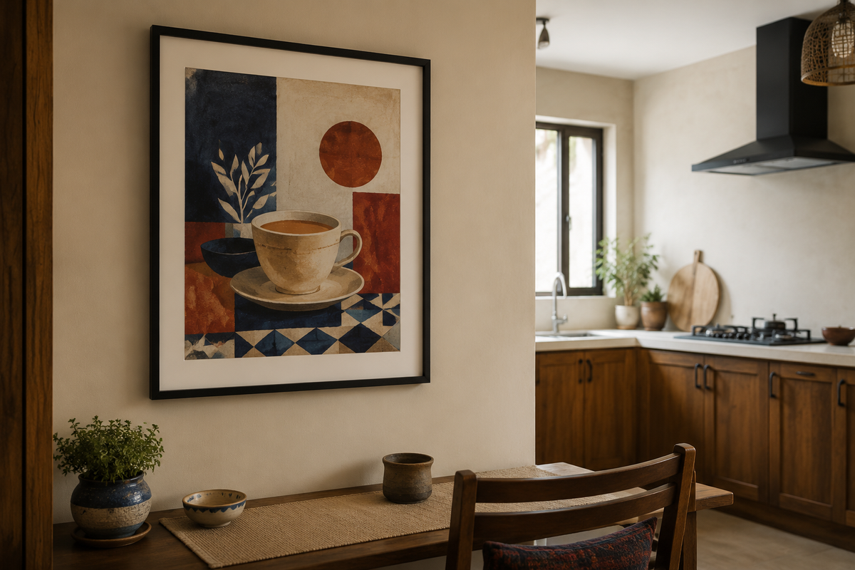 Framed chai artwork on a dry dining-side wall away from the cooker and sink in a Pakistani kitchen