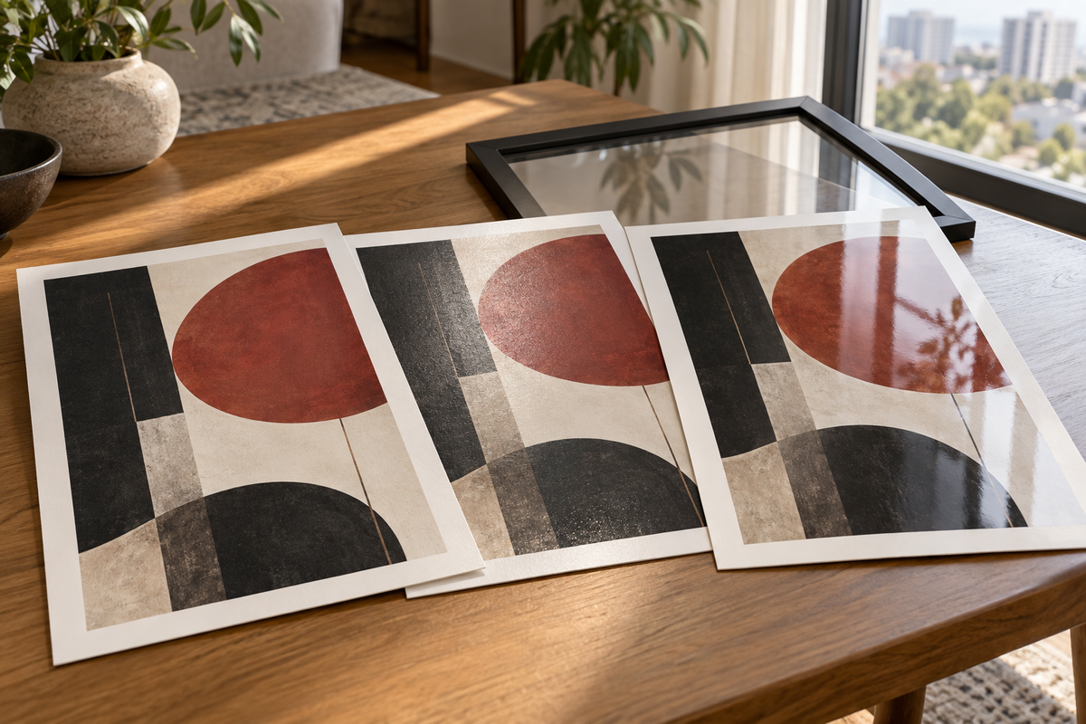 Three identical wall-art print samples in matte, lustre and glossy finishes beside a glazed black frame