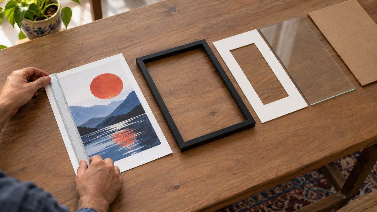 Hands measuring an art print beside a black frame, window mat, glazing and backing board