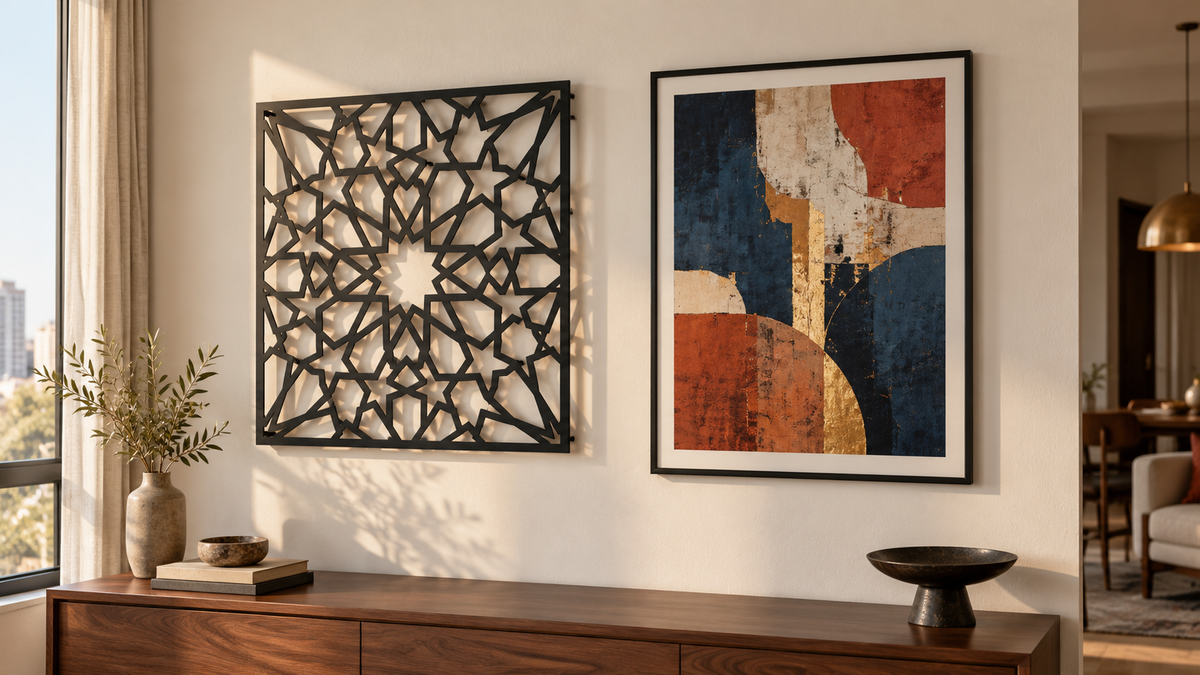 Laser-cut black metal wall art beside a framed abstract print on a warm apartment wall