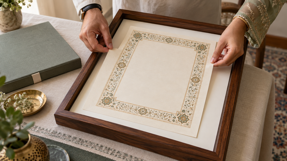 Hands positioning a blank ornamental nikahnama-style sheet inside an open walnut frame