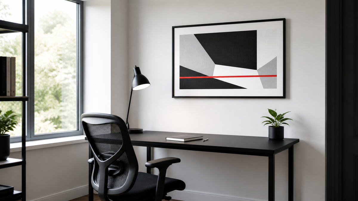 Black white and red abstract artwork above a minimal home office desk