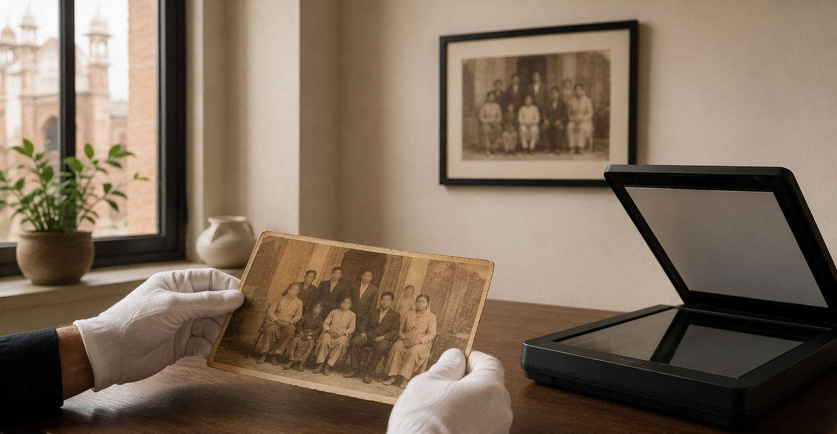 Old family photograph beside a flatbed scanner and framed display copy