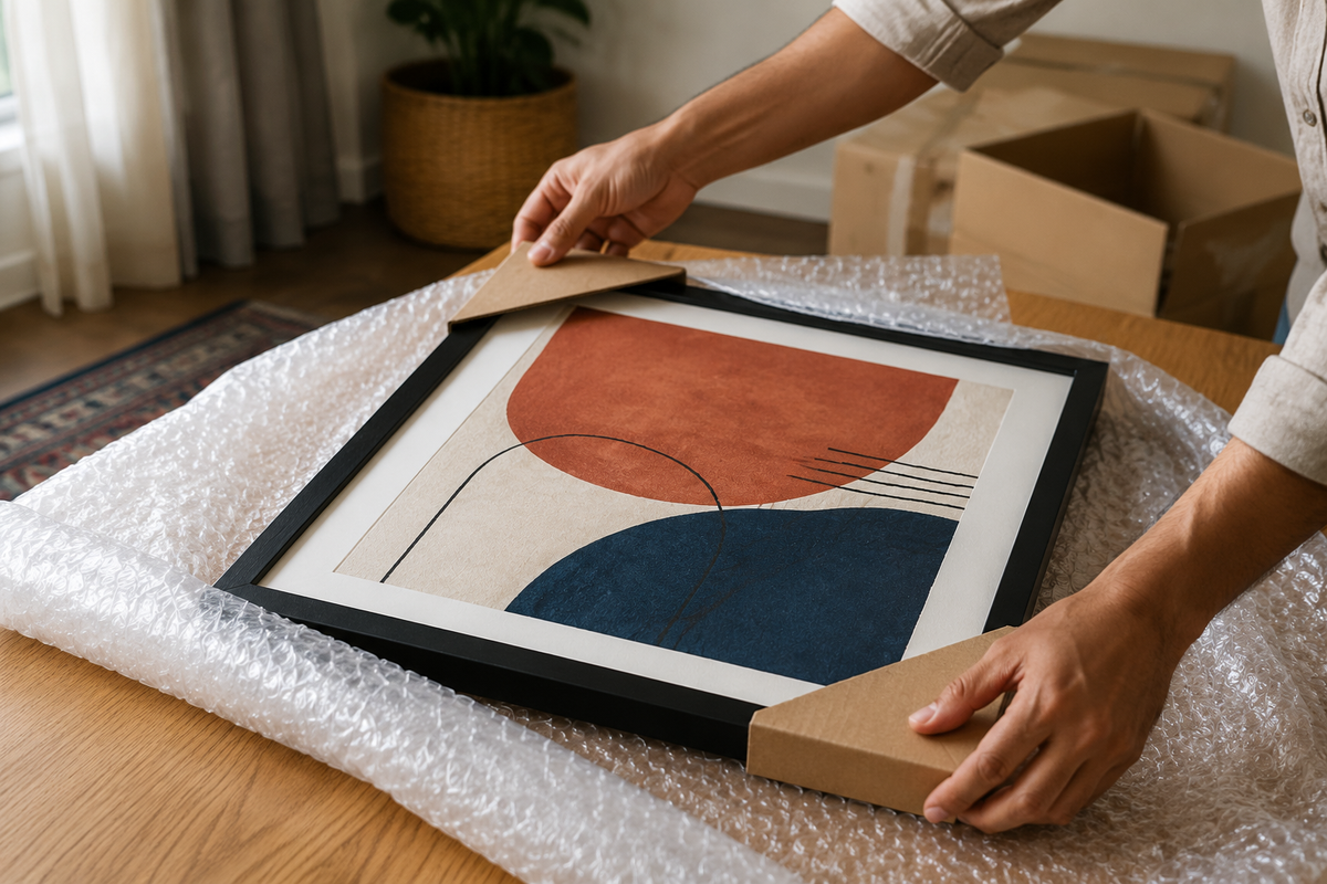 Hands fitting cardboard corner guards around a framed abstract print on bubble wrap
