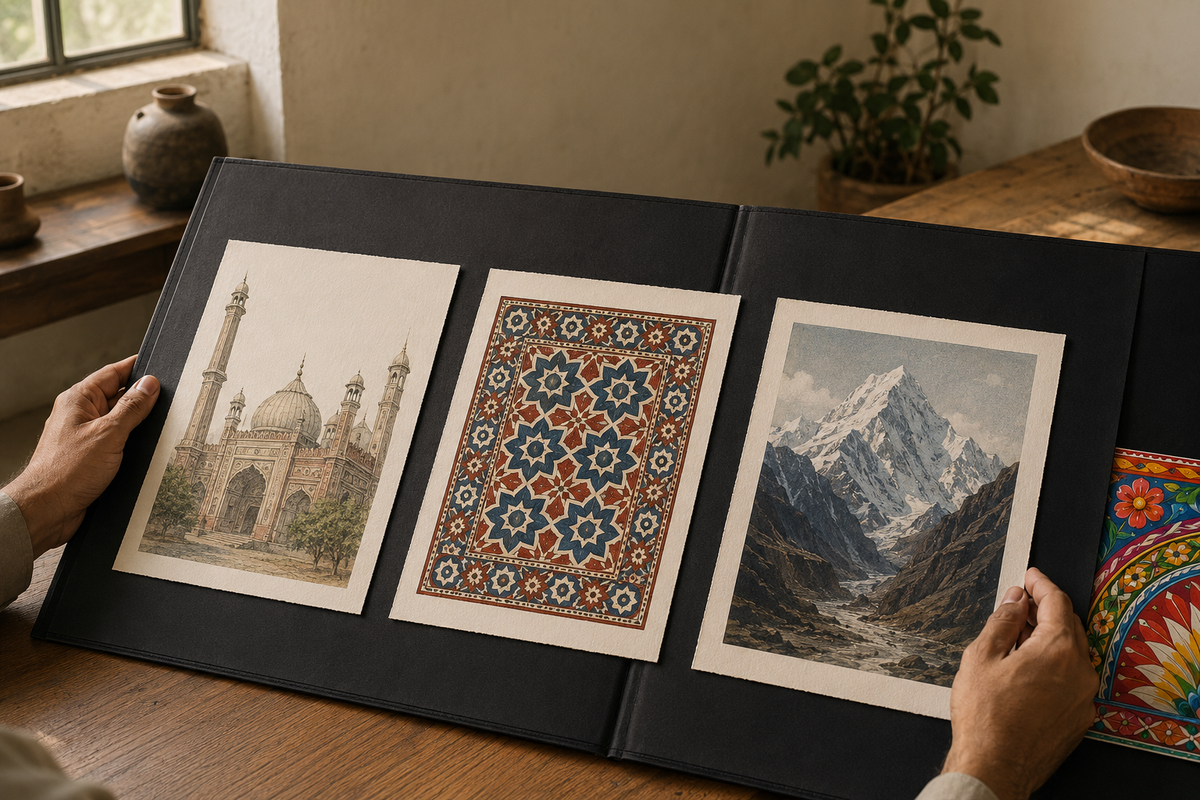 Hands comparing Pakistani wall art subjects in an open portfolio, including architecture, geometric pattern and mountain prints