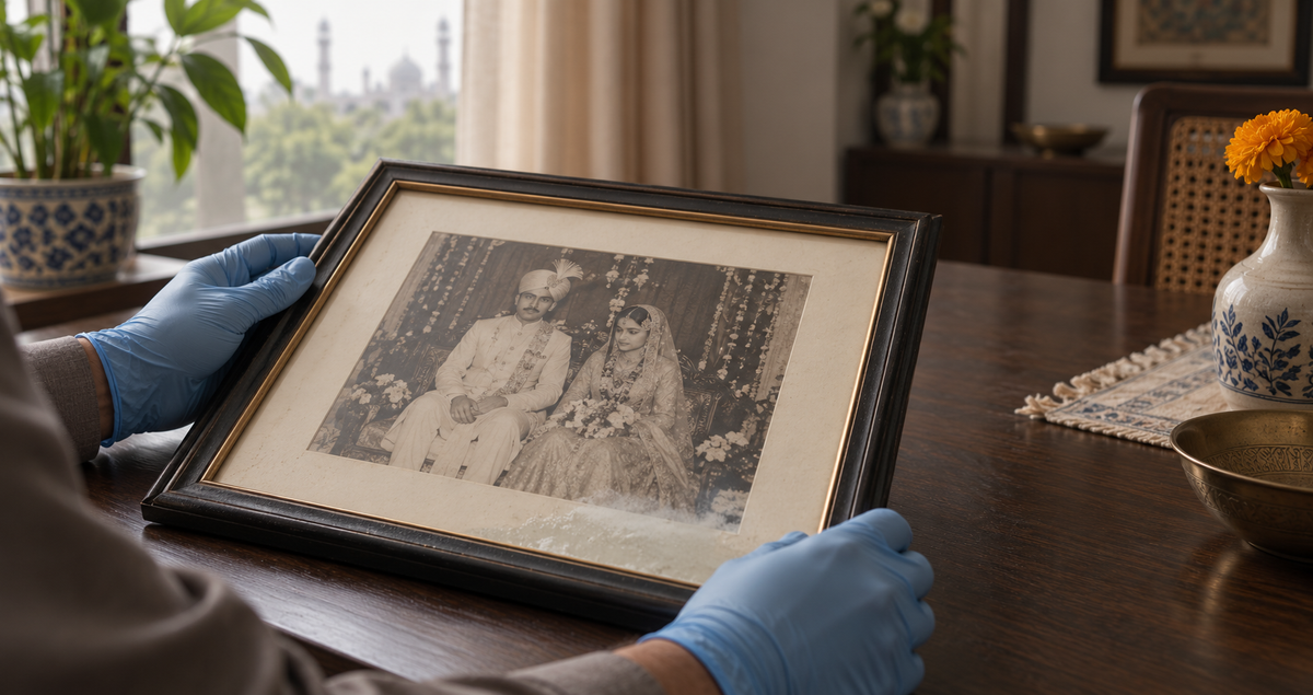 Gloved hands inspecting an old framed Pakistani wedding photograph bonded to glass