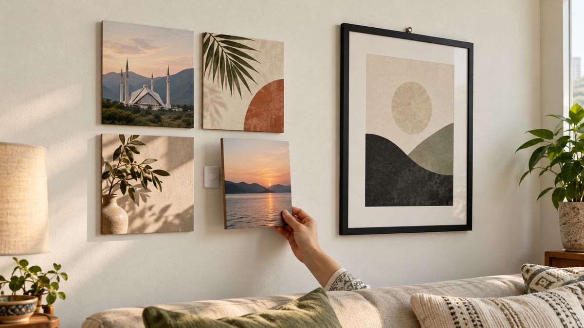 Four adhesive photo tiles beside a conventional framed print on a warm neutral wall