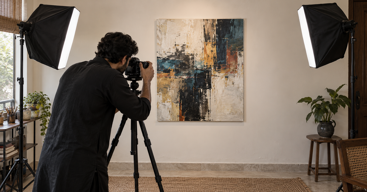 Pakistani artist photographing a painting square-on between two matching studio lights