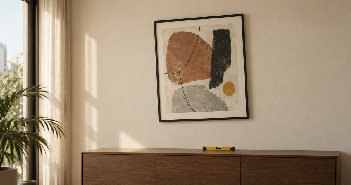 Slightly crooked black picture frame on a neutral wall above a wooden console