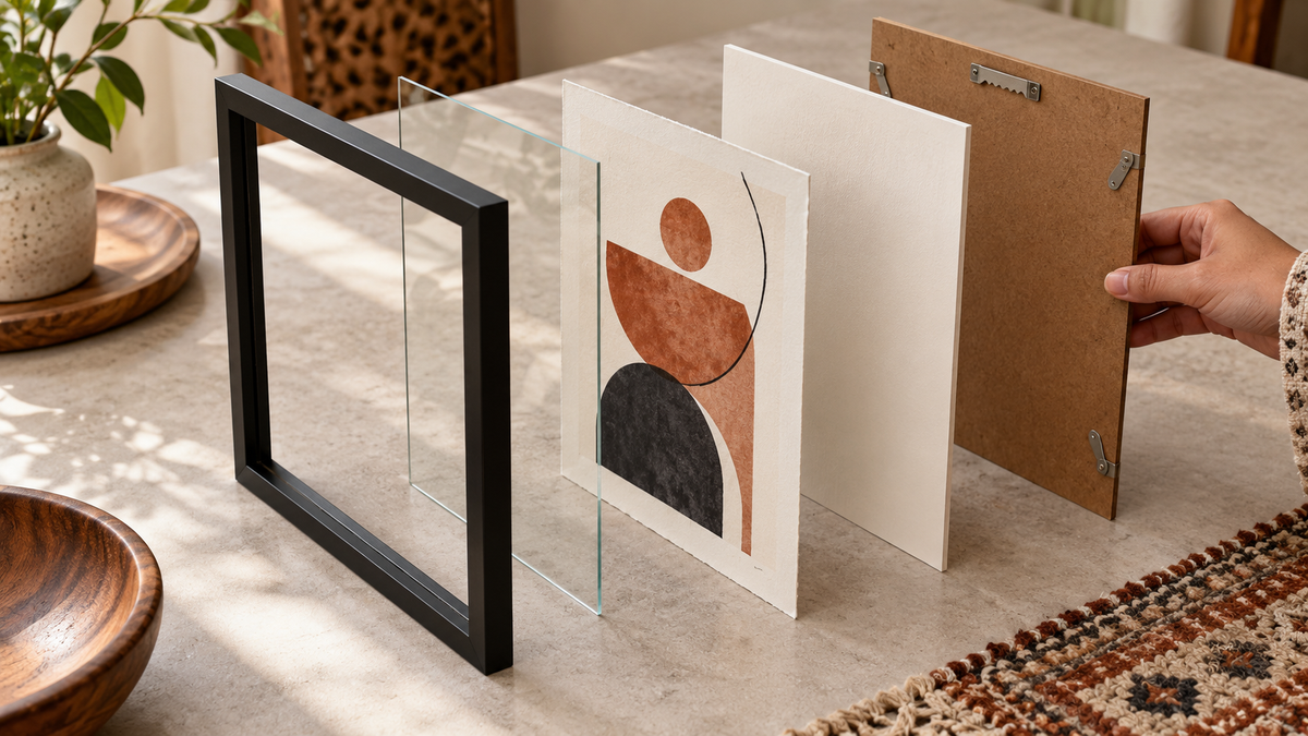 Exploded picture frame showing a black outer border, clear glazing, paper print and separate backing board