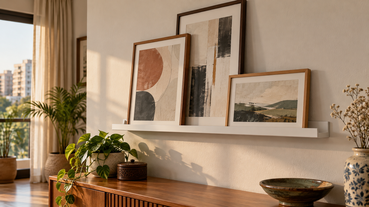 Three framed abstract prints resting securely on a white picture ledge above a wooden console