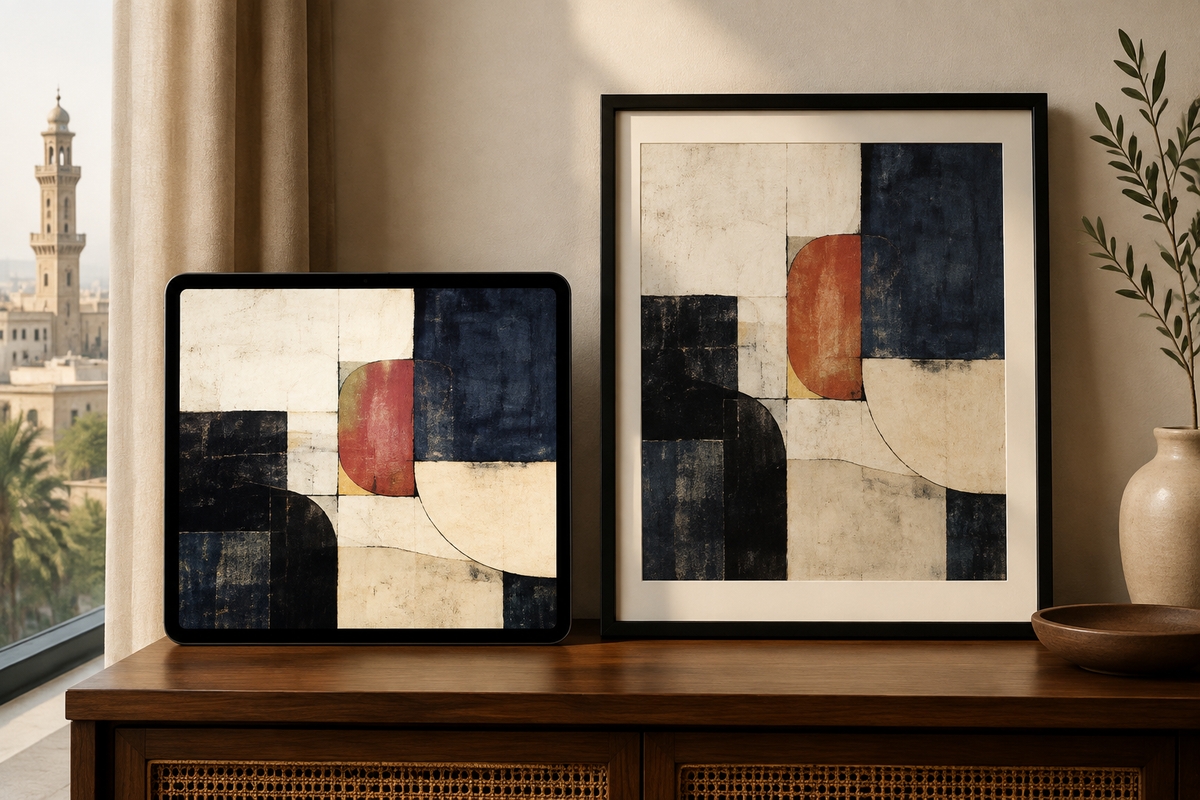 A tablet preview and framed paper print of the same abstract artwork displayed side by side in a Lahore apartment