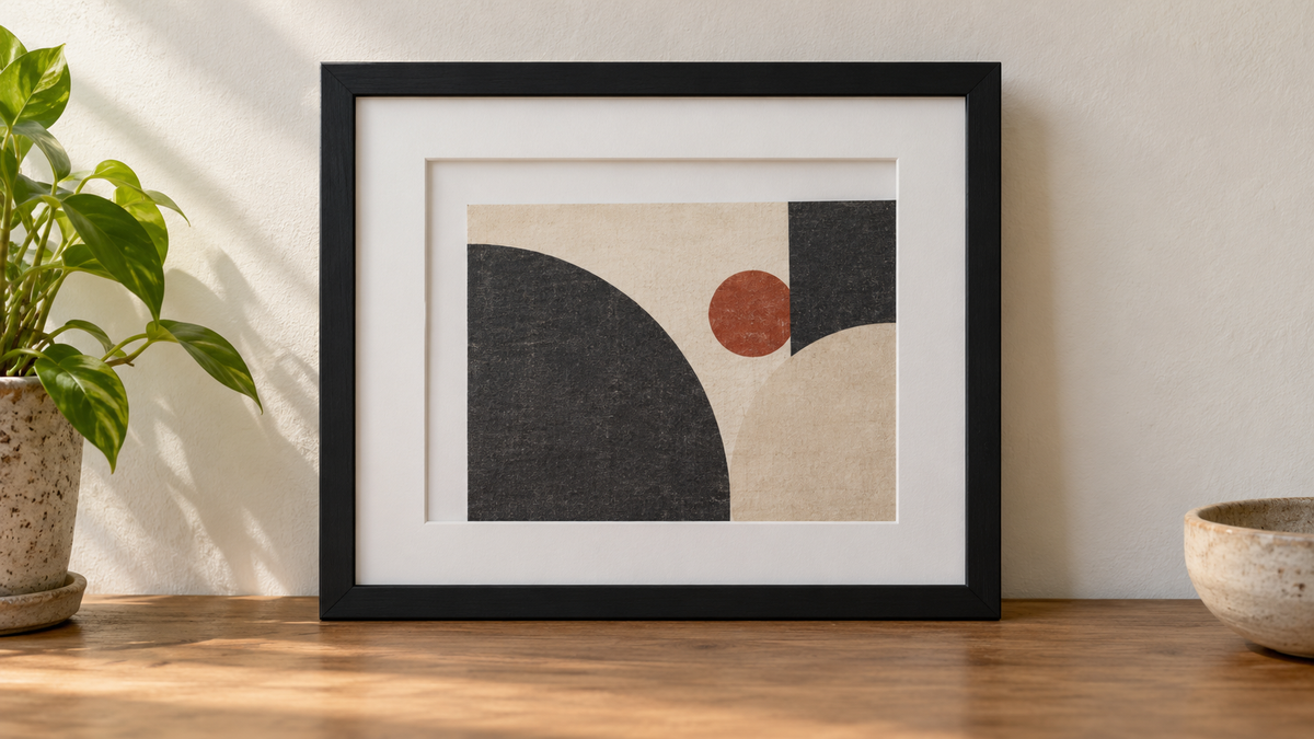 Black picture frame with an abstract print visibly slipped downward inside a white window mat