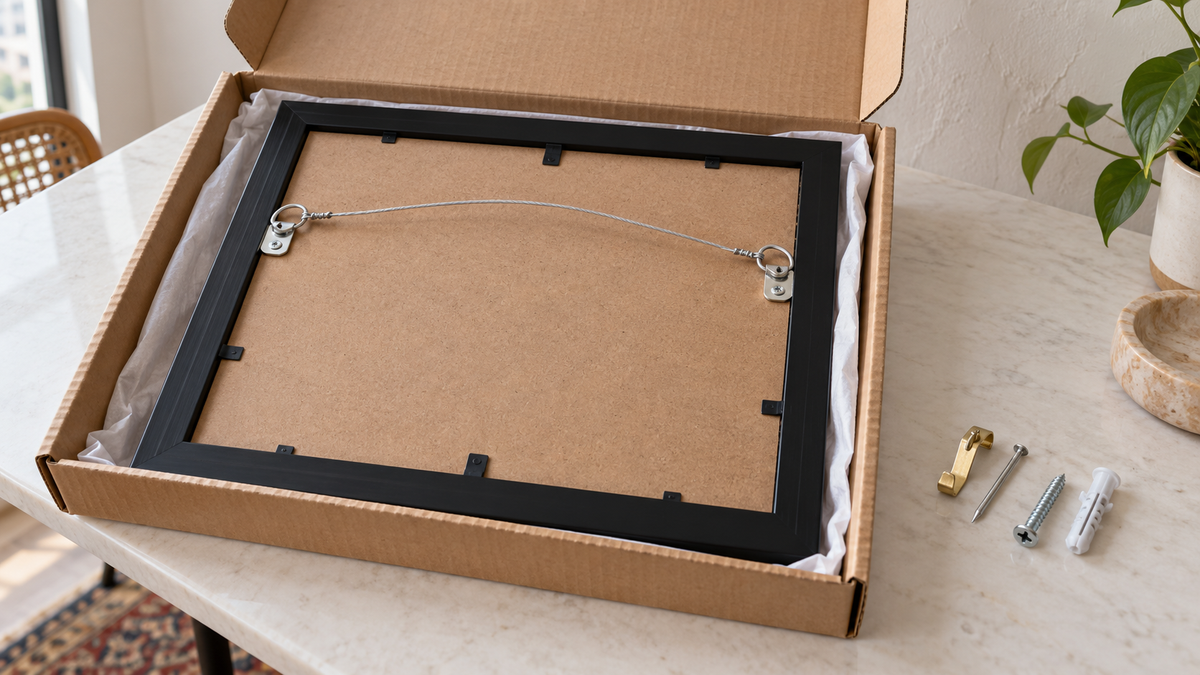Rear of a black picture frame with wire beside separate wall hooks and fixings