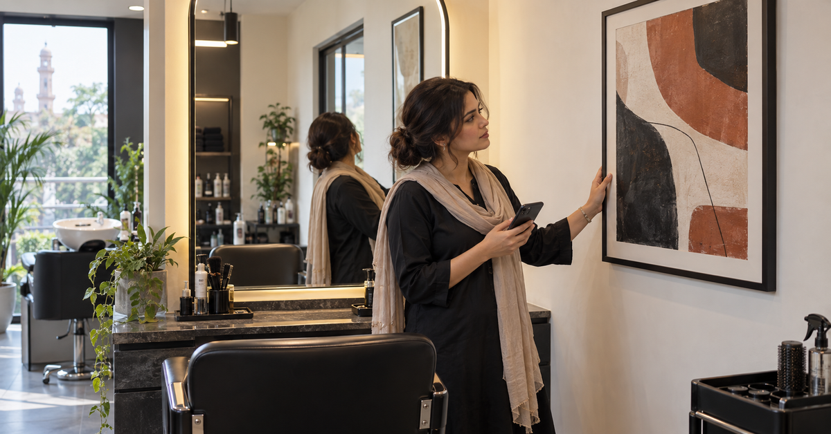 Pakistani salon owner comparing a framed abstract print beside a styling mirror