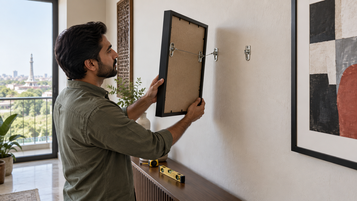 Installer inspecting the rear hardware and wall fixings of a framed print in a Lahore apartment